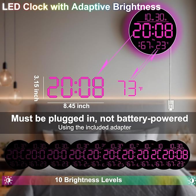 10 Inch LED Wall Clock with RGB Ambient Light, Auto-Dimming, RGB Color/Time/Date/Temp/Humidity Display, Dual Alarms & Timer, Adjustment Brightness,Digital Round Clock for Bedroom Classroom
