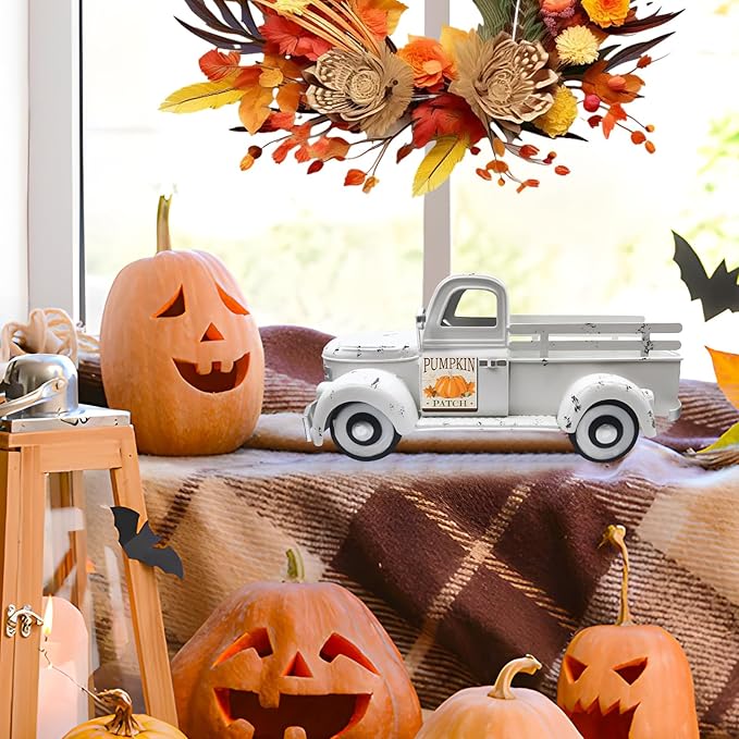 Sunflower Decor 13.4 Inch Vintage White Farmhouse Truck with 12 Magnets Sunflower Kitchen Spring Decorations for Home Shelf Office Metal Pickup Interchangeable Seasonal Decor Garden Truck Planter