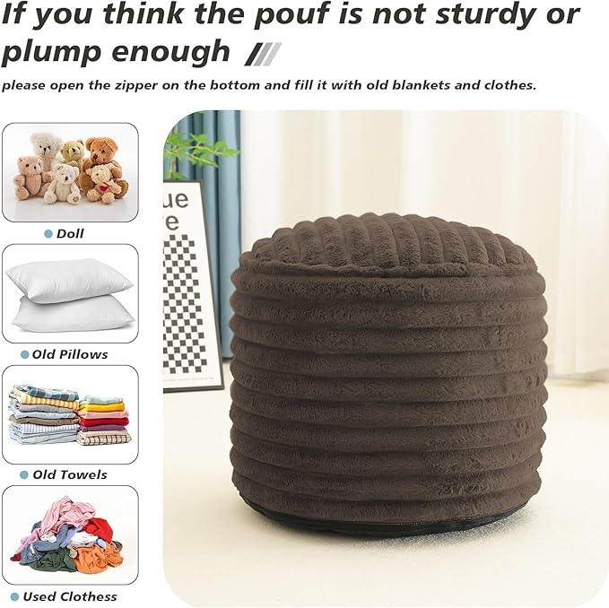 Pouf Ottoman Stuffed Round for Foot Rest, Faux Fur Poufs with Foam Chunk Filling, Storage Ottoman Pouf Foot Stool Cushion, 20 X 15 Inch Floor Chair for Living Room Bedroom Home Decor, Brown