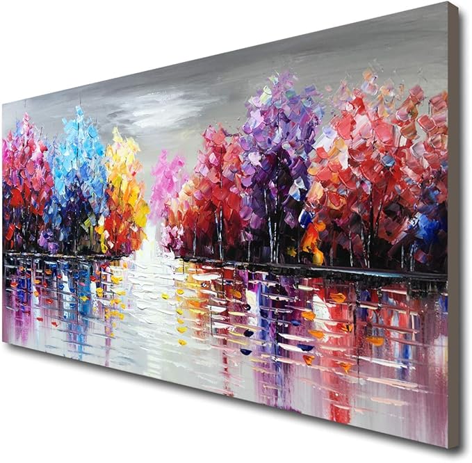 Hand Painted Lake Landscape Canvas Wall Art with Colorful Tree Thick Texture Oil Painting Abstract Artwork (48 x 24 inch)