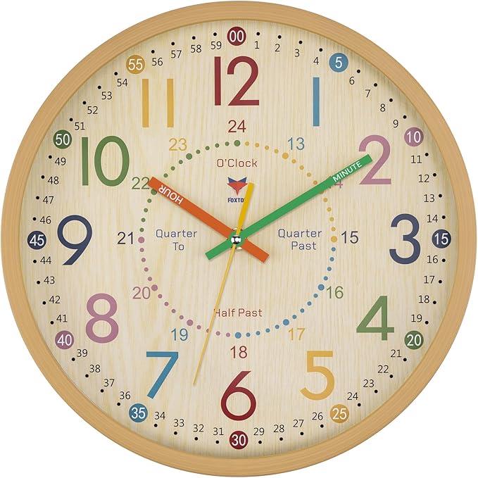 Foxtop Learning Clock for Kids - Telling Time Teaching Clock 12 Inch Silent Non-Ticking Battery Operated Kids Wall Clock for Kids Room Playroom Nursery Classroom School