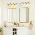 4-Lights Brushed Brass Bathroom Light Fixture Gold Vanity Lights Modern Crystal Bathroom Vanity Lighting Over Mirror Wall Sconce with K9 Crystal Shade E26 Base for Living Room, Bedroom Wall Lamp
