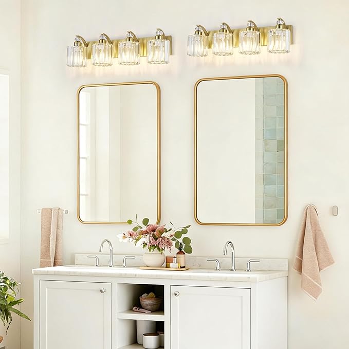 4-Lights Brushed Brass Bathroom Light Fixture Gold Vanity Lights Modern Crystal Bathroom Vanity Lighting Over Mirror Wall Sconce with K9 Crystal Shade E26 Base for Living Room, Bedroom Wall Lamp