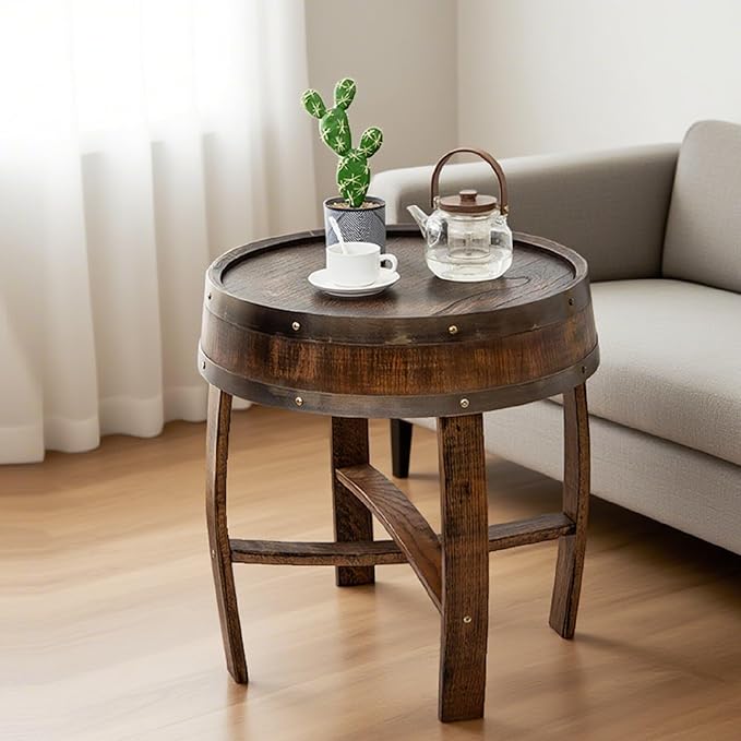 Whiskey Barrel End Table, Handcrafted Oak Wine Barrel Table, Handcrafted Rustic Coffee Table for Farmhouse Living Room Decor