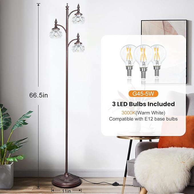 Brown Glass Floor Lamps for Living Room 66.5'' Standing Lamp with 3 Brightness Lights Vintage Mid Century Modern Pole Bronze Tree Lamp for Bedroom Office(3LED Bulbs Included)