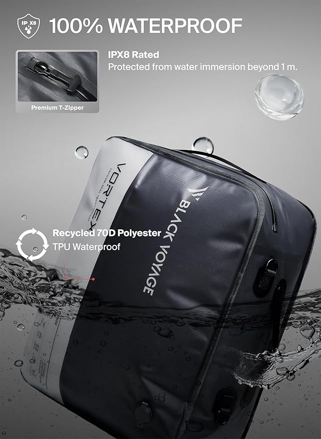 Black Voyage Reusable Vacuum Compression Travel Bag for Carry-On Suitcase and Backpack, Recycled IP67 Waterproof Space Saver Vacpack (2-Pack, 41L - No Pump)