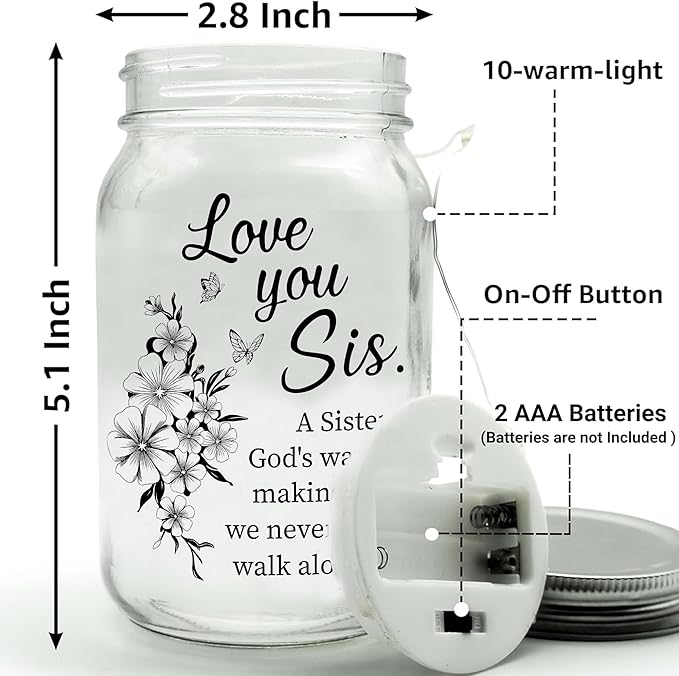 A Sister Is God's Way We Never Walk Alone Lighting – Birthday Gift for Sister – Mason Jar With Lights Gift Ideas With Sentimental Quote – Big or Little Sisters Present – Thoughtful Gifts for Sisters