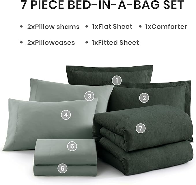 Monbix Super King Plus Comforter Set, Deep Forest Cationic Dyeing Bedding Set Reversible, Bed in a Bag 7 Pieces with Comforter, Sheets, Pillowcases & Shams