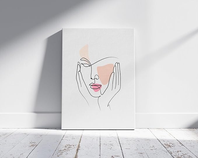 Aesthetic Face Wrapped Canvas Wall Art Hands on Cheeks Continuous Line Drawing Abstract Pink 8x10 Inch Gallery Stretched Modern Home Art Decor