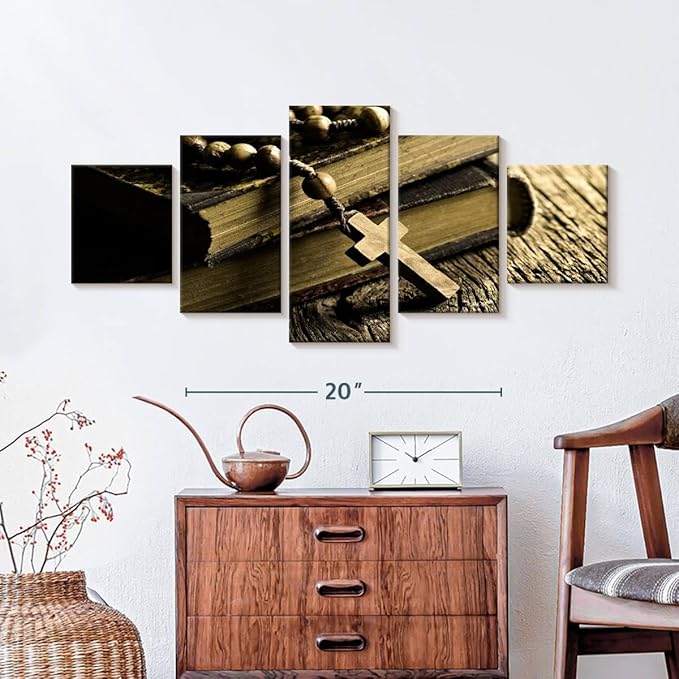 Elephant Stock Bible And Cross Wall Art Multi Piece Canvas - 5 Panel Christian Pictures Decor - Digital Design Canvas Print - Christian Wall Decor - 36" X 15"