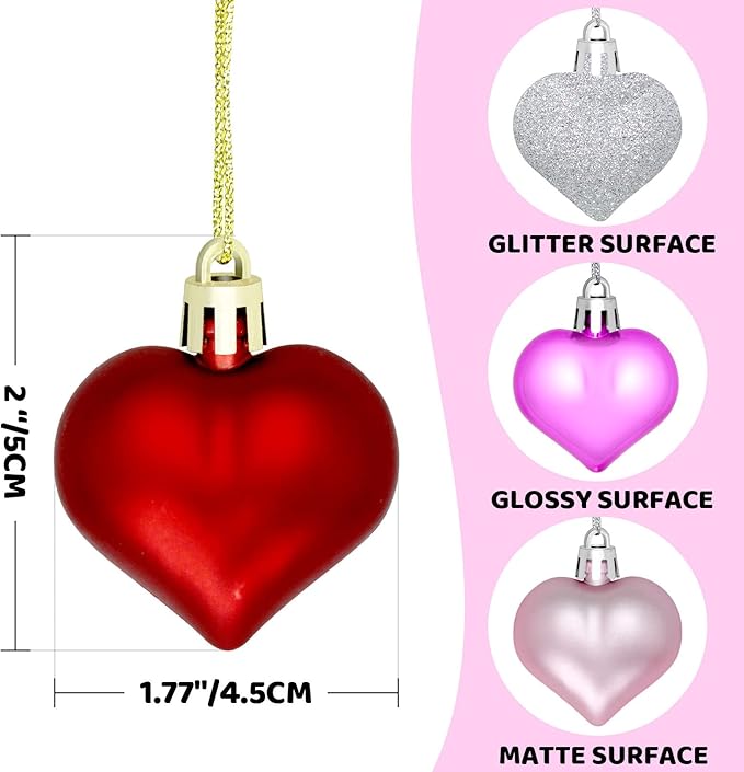24pcs Valentine Heart Ornaments - Heart Shaped Decorations for Home, Wedding, Party