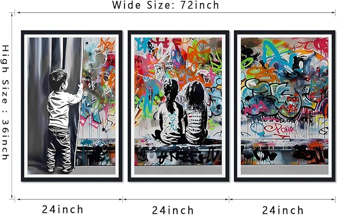 Novatique Banksy Wall Art Street Graffiti Wall Art Behind the Curtain Graffiti Artwork for Living Room Bedroom Office,24" x 36" x 3pcs