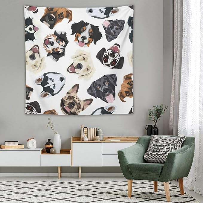 VUMIVI Dog-Head Tapestry Cartoon Pet Illustrations Cute Funny Animals Colorful Graffiti Tapestry Wall Hanging for Living Room Bedroom Dorm Classroom Aesthetic Decor W60xL60in