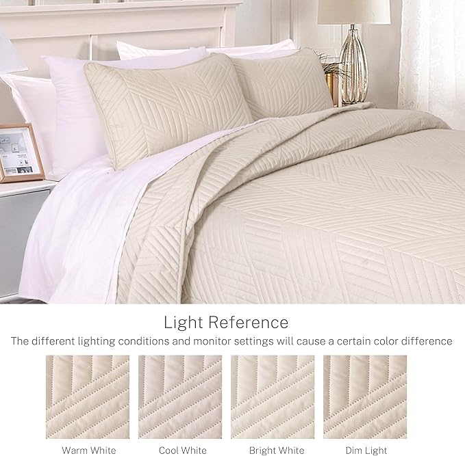 Exclusivo Mezcla Ultrasonic Twin Quilt Bedding Set, Lightweight Brich Beige Bedspreads Soft Modern Geometric Coverlet Set for All Seasons (1 Quilt and 1 Pillow Sham)