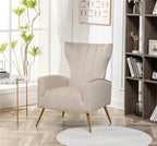 Modern Velvet Accent Chair, Channel Tufted Bedroom, Office or Living Room Furniture with Elegant Metal Legs, 26" Wide Armchair, Beige