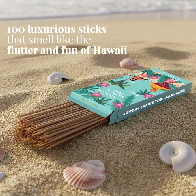 Folkulture Hawaii Incense Sticks with Holder (100 Sticks)| Premium Summer Scents Incents Stick for Aromatherapy, Relaxation | No Charcoal,Organic,Non Toxic, 45 Mins Slow Burning Insence-Sticks