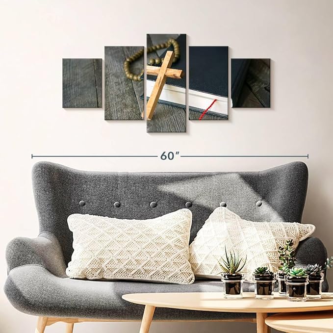 Elephant Stock Cross Canvas - 5 Panel Christian Pictures Decor - Canvas Print Wall Decor - Christian Cross Wall Art - 42" X 19"