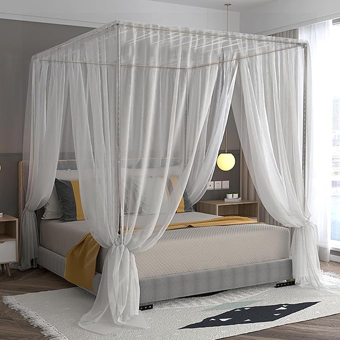 Stainless Steel Canopy Bed Frame Full Size, Thicken Metal Frame with 4 Corners Design Sturdy Bed Canopy Frame for Metal Bed Wood Bed Bedroom Decor