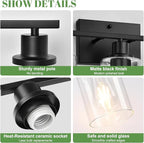 3-Light Bathroom Light Fixtures, Vanity Light with Clear Glass Shades, Matte Black Bathroom Light Fixtures Over Mirror, Modern Bathroom Wall Lamp for Mirror Living Room Cabinet Bedroom