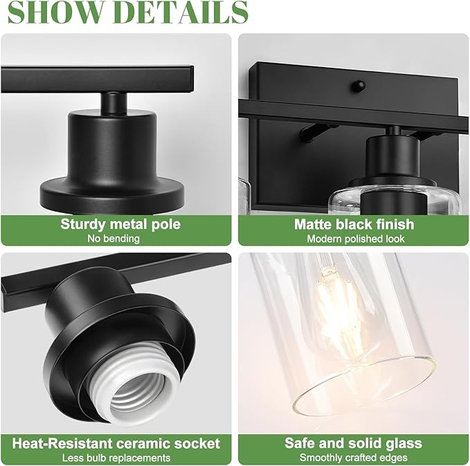 3-Light Bathroom Light Fixtures, Vanity Light with Clear Glass Shades, Matte Black Bathroom Light Fixtures Over Mirror, Modern Bathroom Wall Lamp for Mirror Living Room Cabinet Bedroom