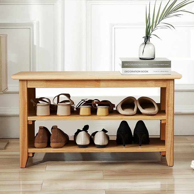 Shoe Rack Bench, 3-Tier Shoe Shelf Organizer,6-Pairs Entryway Storage Bench for Hallway, Bedroom, Living Room, Bedroom, Hold up to 550 lbs, Solid Wood, Natural