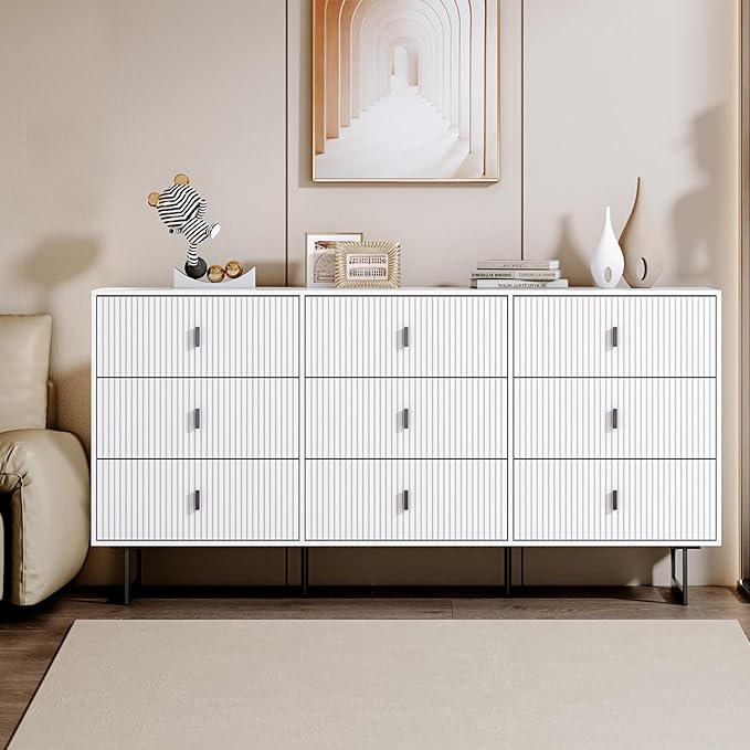 Modern Chest of Drawers with 9 Drawers,Deep Drawers,Clothes Organizer,Large Storage Cabinet for Living Room, Bedroom,Hallway,with Anti-Tipping Device, White
