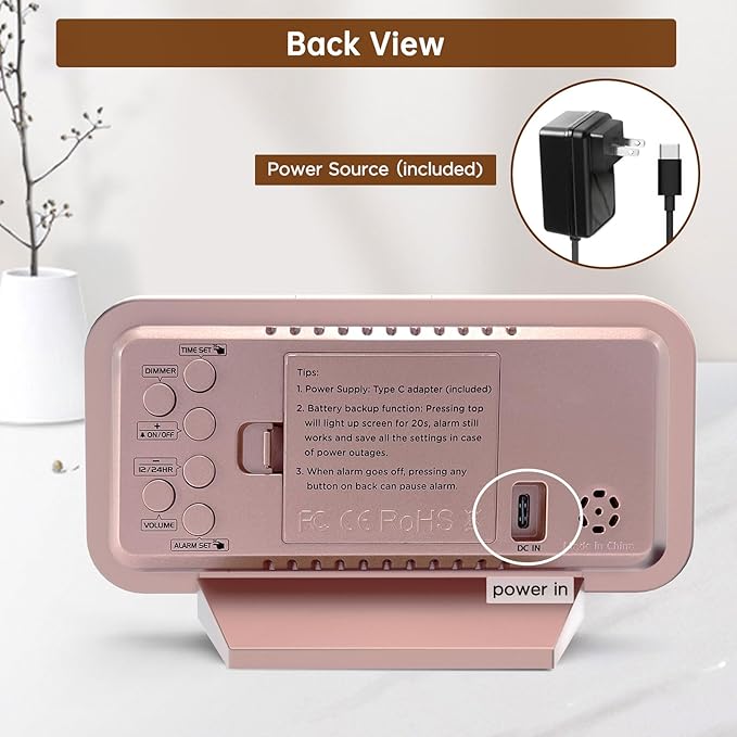 Peakeep Slim Digital Mirror Aesthetic Alarm Clock for Bedroom Living Decor, Plug in Electric Clock Big LED Modern Small Table Clock for Office Desk, Battery Backup, 6 Dimmers (Rose Gold)