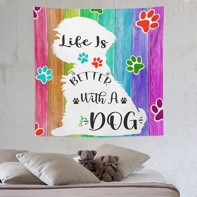 VUMIVI Cute Dog Tapestry Rainbow Color Planks Rustic Farmhouse Home Decor Pet Paws Tapestry Wall Hanging for Living Room Bedroom Dorm Classroom Aesthetic Decor W60xL60in