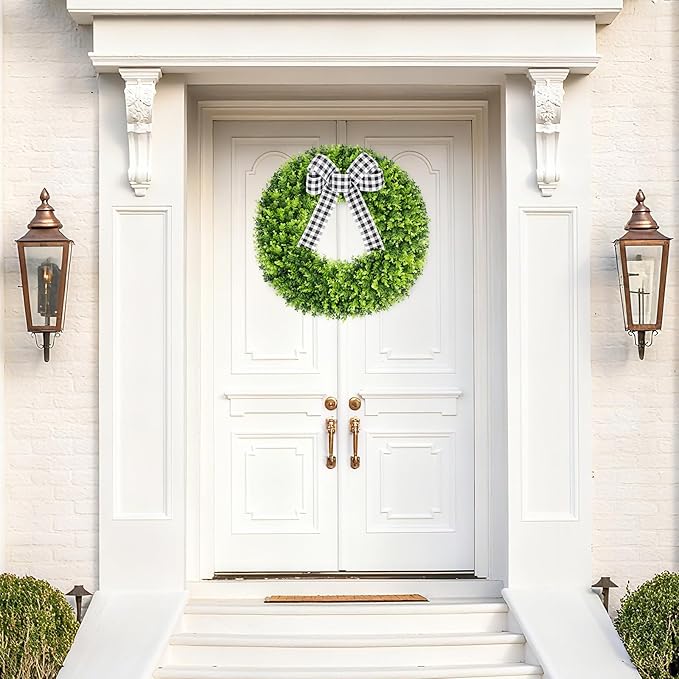 Vlorart 28" Faux Round Boxwood Wreath, Artificial Large Boxwood Wreath Front Door Wreaths Artificial Spring Summer Greenery Hanging with A Plaid Bow for Villa Wall Hanging Window Wedding Party Decor