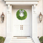 Vlorart 28" Faux Round Boxwood Wreath, Artificial Large Boxwood Wreath Front Door Wreaths Artificial Spring Summer Greenery Hanging with A Plaid Bow for Villa Wall Hanging Window Wedding Party Decor