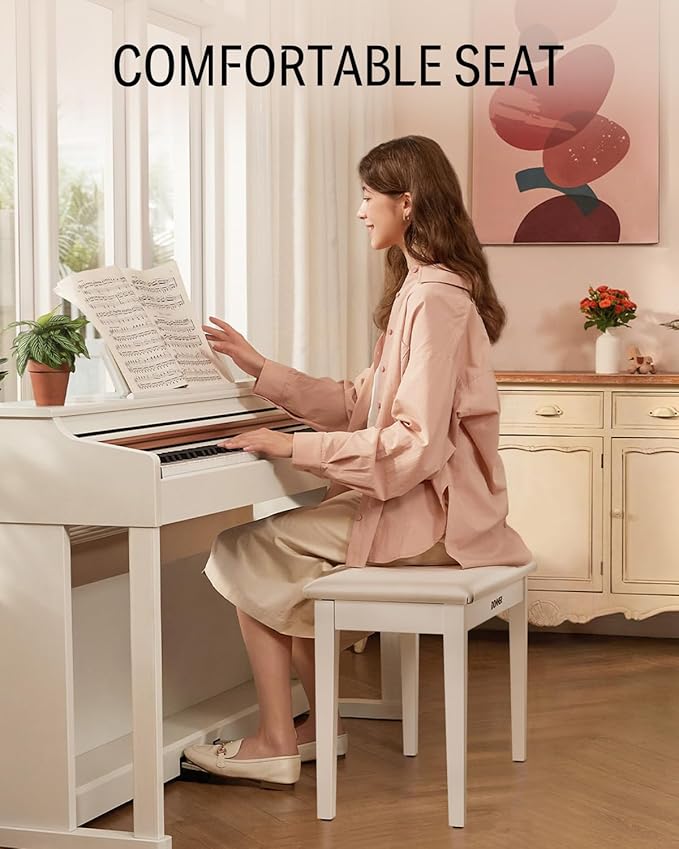 Donner Duet Piano Bench with Storage, Solid Wooden Keyboard Bench Piano Bookcase Stool Chair Seat with High-Density Sponges Padded Cushion, White