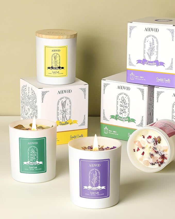 AOOVOO Lavender Scented Candles for Women - Aromatherapy Candle with Crystals Inside, 10oz Soy Candles for Home Scented, Birthday Gifts Valentines Day Candle for Women Mom