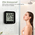 Digital Waterproof Shower Clock, Bathroom Kitchen Clock with Countdown Timer, Wall Clock with Large LCD Display, Temperature, Touch Button, Suction, Hanging Hole, Battery Operated I Black