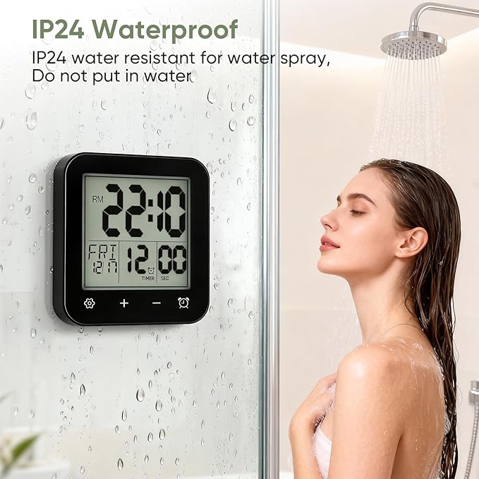 Digital Waterproof Shower Clock, Bathroom Kitchen Clock with Countdown Timer, Wall Clock with Large LCD Display, Temperature, Touch Button, Suction, Hanging Hole, Battery Operated I Black
