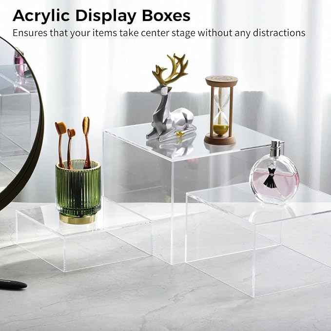 6 Pcs 3 Sizes Buffet Risers, Acrylic Display Riser Boxes,5 Sided with Hollow Bottoms Transparent Acrylic Cube Display Nesting Risers, Food Risers for Buffet Table, Large Medium Small Clear Display Stand