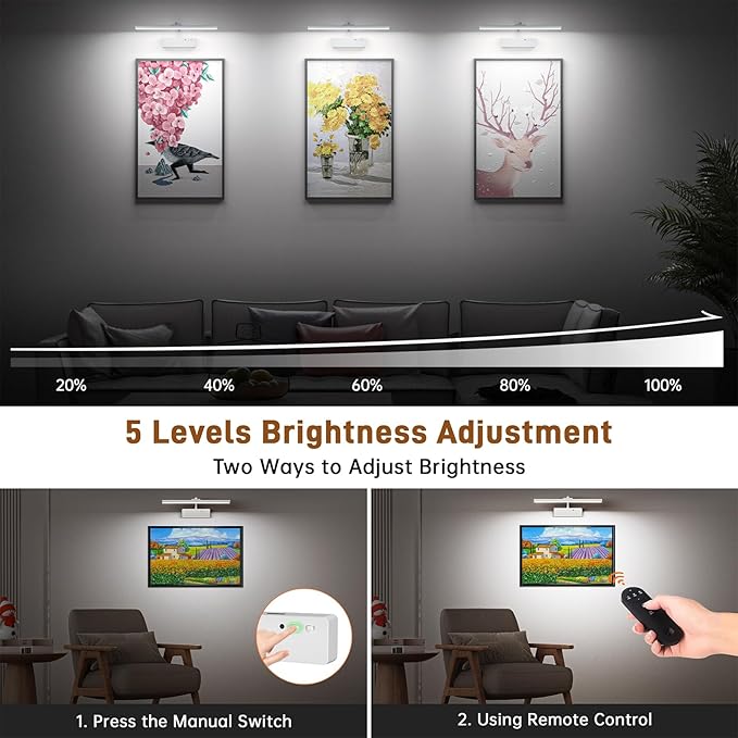 Picture Light, 15.35inch Wireless Picture Lights for Wall Rechargeable, Battery Lights for Pictures on Wall, 3 Color Art Lighting for Paintings with Timer and Dimmable Artwork Display (White-2PCS)