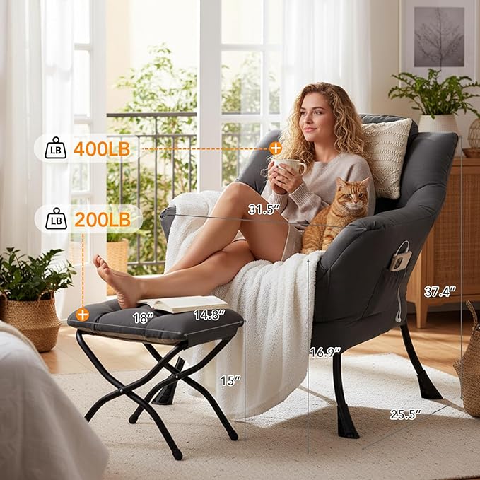 Lazy Chair with Ottoman, Large Lounge Accent Chair with Ottoman and a Throw Pillow, Dark Grey Reading Chair for Living Room Bedroom Dorm Room Office Apartment Relaxing Use