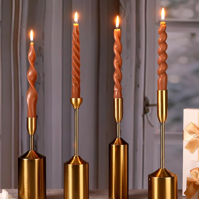 Nuanchu 4 Pcs 7.87 Inch Twisted Taper Candles Wax Unscented Smokeless Spiral Swirl Candlesticks for Wedding Holiday Dinner Party Home Decorations(Brown)
