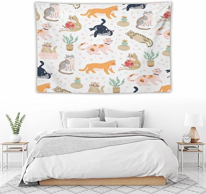 VUMIVI Cute Cat Tapestry Kids Hand-Painted Doodles Colorful Illustrations Potted Plants Paw Prints Tapestry Wall Hanging for Living Room Bedroom Dorm Classroom Aesthetic Decor W60xL40in