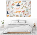 VUMIVI Cute Cat Tapestry Kids Hand-Painted Doodles Colorful Illustrations Potted Plants Paw Prints Tapestry Wall Hanging for Living Room Bedroom Dorm Classroom Aesthetic Decor W60xL40in
