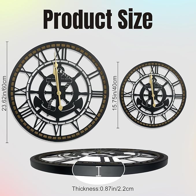 24 Inch Wall Clock, Anchor Wall Clock, Silent Non Ticking, Battery Operated Large Decor Clocks for Living Room Decor, Kitchen, Office (Nautical Style)