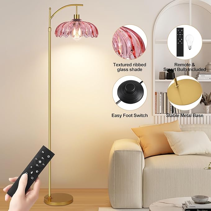 Pink Floor Lamp for Living Room,Bedroom,Gold Dimmable Standing Lamp with Remote,Mid Century Modern Brass Tall Lamp Boho Floor Lamps Arc Stained Glass Flower Floor Light Lamp Girls kids Bohemian