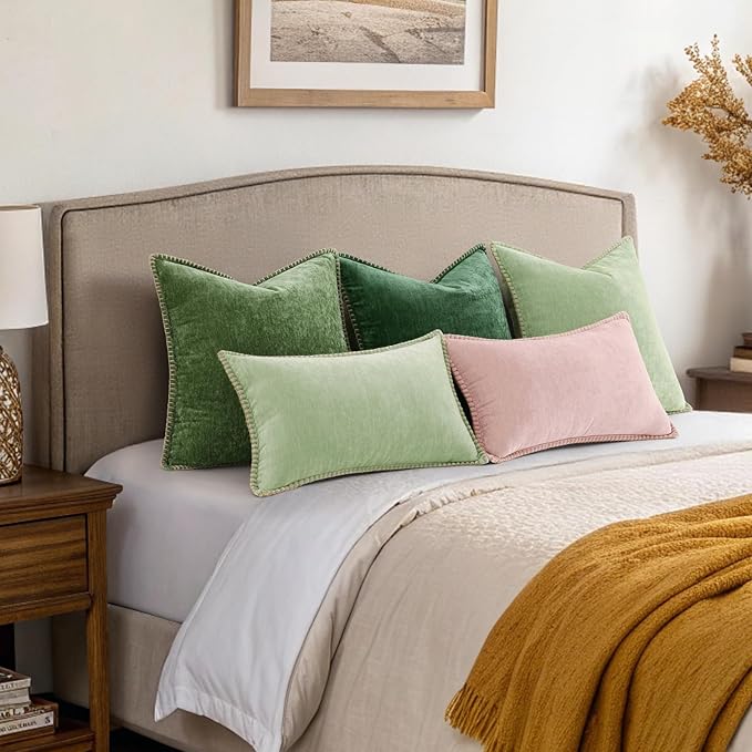 decorUhome Spring Chenille Soft Cozy Throw Pillow Covers 24x24 Set of 2, Modern Farmhouse Boho Velvet Decorative Euro Sham Pillow Cases with Stitched Edge for Couch Sofa Bed Home Decor, Sage Green
