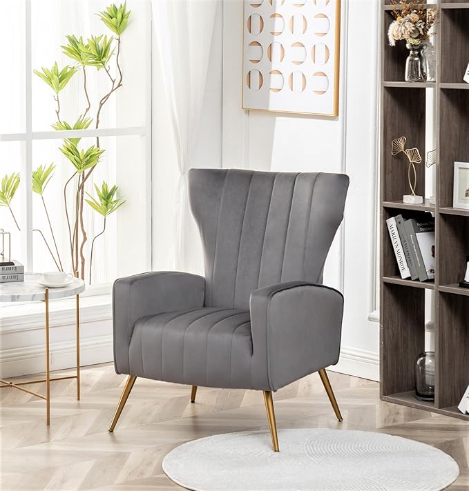Modern Velvet Accent Chair, Channel Tufted Bedroom, Office or Living Room Furniture with Elegant Metal Legs, 26" Wide Armchair, Grey