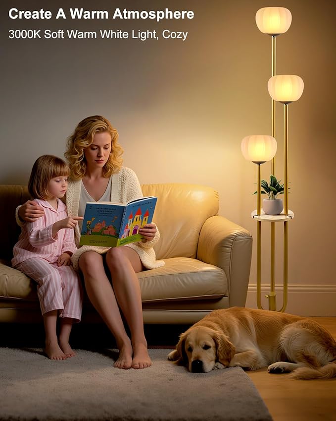 Lightdot Gold Floor Lamp with Table, Modern Dimmable Floor Lamps with Pumpkin Lampshade, 3000K Warm White Bulbs Included, 3-Light Tall Standing Lamp for Living Room/Bedroom/Sofa Beside/Corner Decor