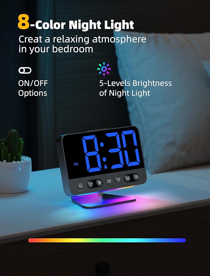 Digital Alarm Clocks for Bedrooms: Large Bold Number 5 Brightness Dimmer - Easy to Read Across The Room - 5 Alarm Sound 8 Night Light - Black
