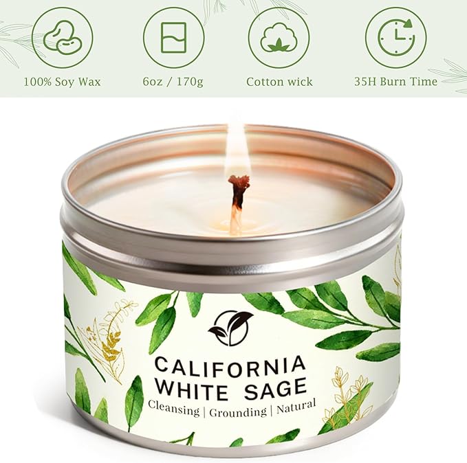 6 Pack Sage Candles Gift Set - Natural Soy Wax Candle Smokeless Clean Burn, Calming Aromatherapy Candles for Home Relaxation, Home Office & Gifting