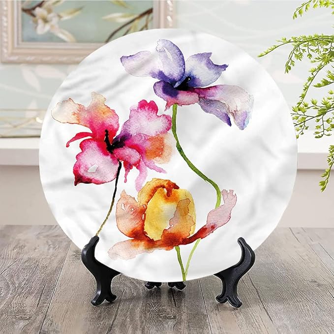 Decorative Plates, Floral Print Ornament, Vibrant Tones Summer Flowers, 10 Inch, Kitchen Wall Decor, Multicolor