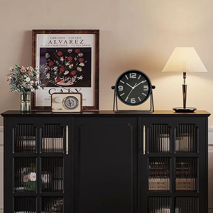 QIYAODECO® Vintage Metal Desk Clock for Bedroom, with Adjustable Angle Ticking Small, Battery Operated Mantel Bedside Clock, Decorative Table, Old Fashioned Style Black Decor, Adult Kid Gift, Black