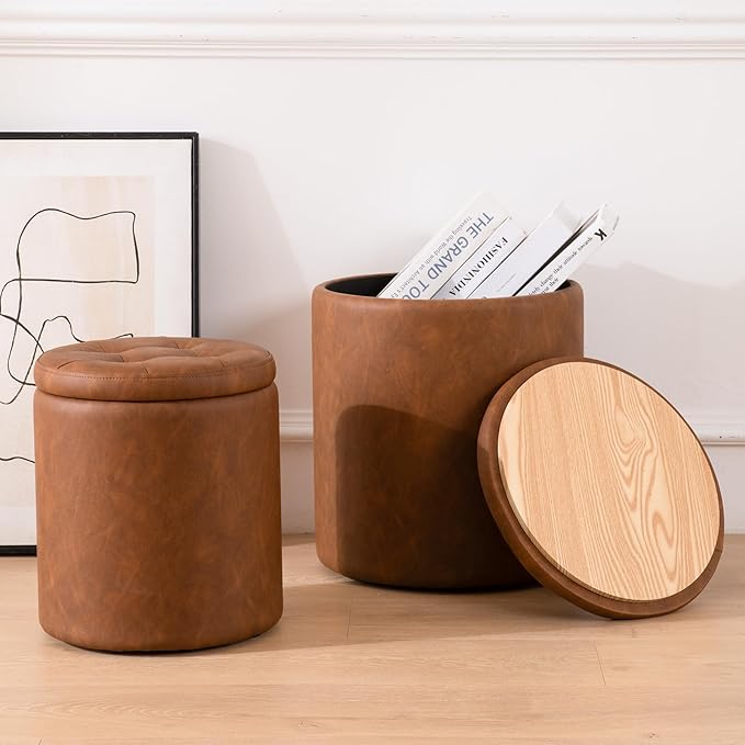 Round Ottoman with Storage Set of 2, 12.6"W x 14.17"H & 14.76"W x 17.32"H Faux Leather Button Tufted Storage Ottoman, Boucle Vanity Stool Footrest Coffee Table for Living Room, Bedroom, Brown